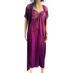 2pc Set Sweet Heart Eggplant Purple Robe and Long Nightgown Silky Set Size M / L